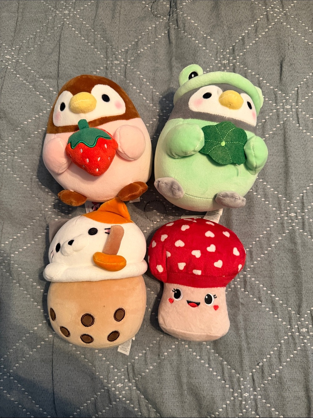 Kawaii Plush Bundle - Strawberry Penguin, Frog Penguin, Bubble Tea & Mushroom